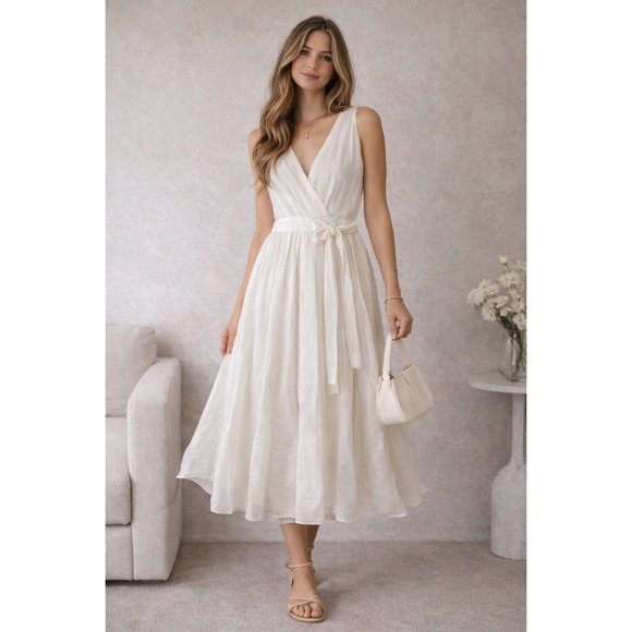 CP Shades Dresses & Skirts - CP Shades Off White Dress Women S Cotton Silk Tie Waist Quiet Luxury Feminine